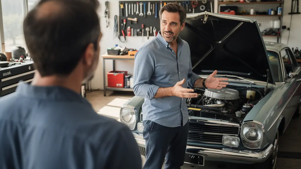Discussion entre conseiller et propriétaire près d'une voiture de collection dans un garage