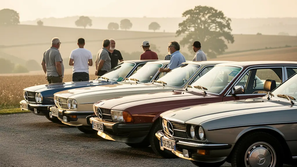Rassemblement de voitures de collection avec propriétaires discutant lors d'un événement