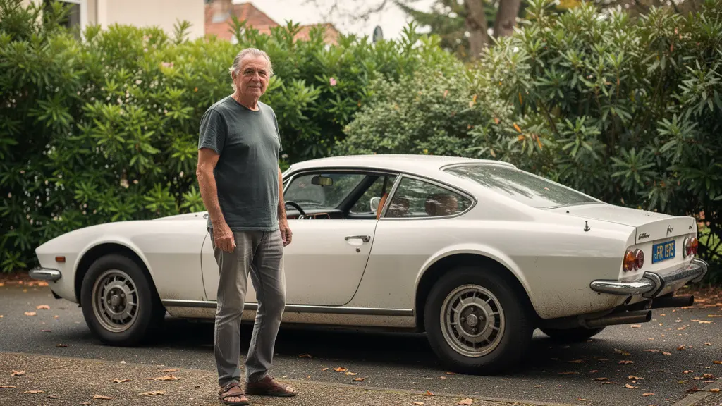 Propriétaire contemplant sa voiture de collection vintage garée dans allée résidentielle